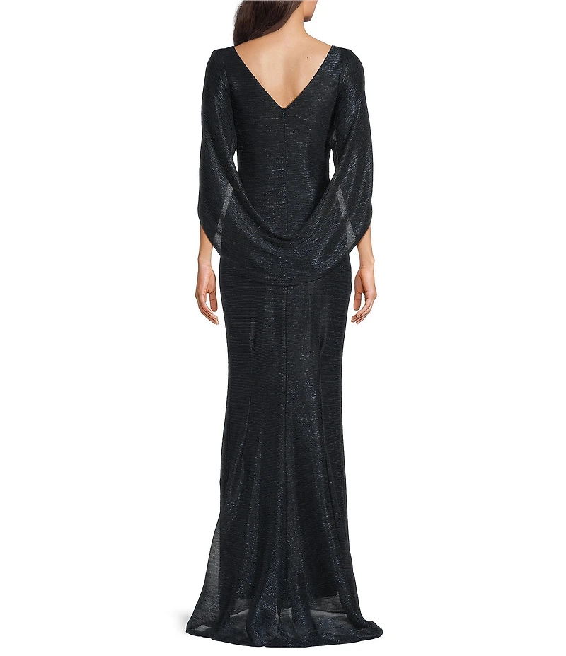 Betsy & Adam Drape Back Detail 3/4 Cape Sleeve Draped Round Neck Metallic Crinkle Ruched Sheath Gown