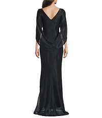 Betsy & Adam Drape Back Detail 3/4 Cape Sleeve Draped Round Neck Metallic Crinkle Ruched Sheath Gown