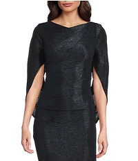 Betsy & Adam Drape Back Detail 3/4 Cape Sleeve Draped Round Neck Metallic Crinkle Ruched Sheath Gown