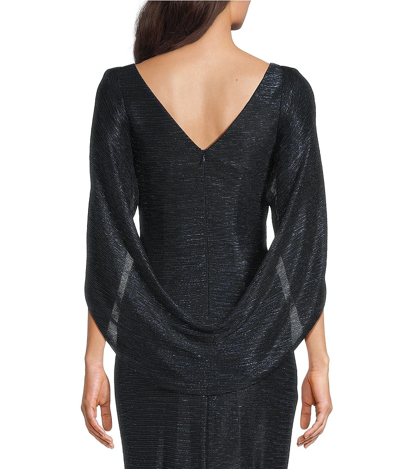 Betsy & Adam Drape Back Detail 3/4 Cape Sleeve Draped Round Neck Metallic Crinkle Ruched Sheath Gown