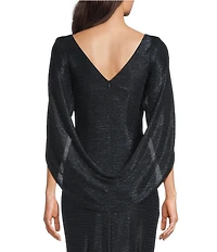 Betsy & Adam Drape Back Detail 3/4 Cape Sleeve Draped Round Neck Metallic Crinkle Ruched Sheath Gown