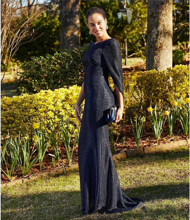 Betsy & Adam Drape Back Detail 3/4 Cape Sleeve Draped Round Neck Metallic Crinkle Ruched Sheath Gown