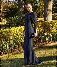 Betsy & Adam Drape Back Detail 3/4 Cape Sleeve Draped Round Neck Metallic Crinkle Ruched Sheath Gown