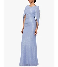 Betsy & Adam Drape Back Detail 3/4 Cape Sleeve Draped Round Neck Metallic Crinkle Ruched Sheath Gown