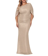 Betsy & Adam Plus Size Draped Back 3/4 Cape Sleeve Round Neck Metallic Crinkled Ruched Sheath Gown