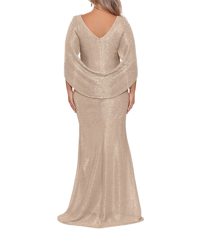 Betsy & Adam Plus Size Draped Back 3/4 Cape Sleeve Round Neck Metallic Crinkled Ruched Sheath Gown