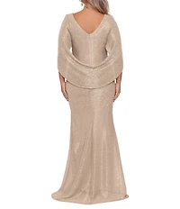Betsy & Adam Plus Size Draped Back 3/4 Cape Sleeve Round Neck Metallic Crinkled Ruched Sheath Gown