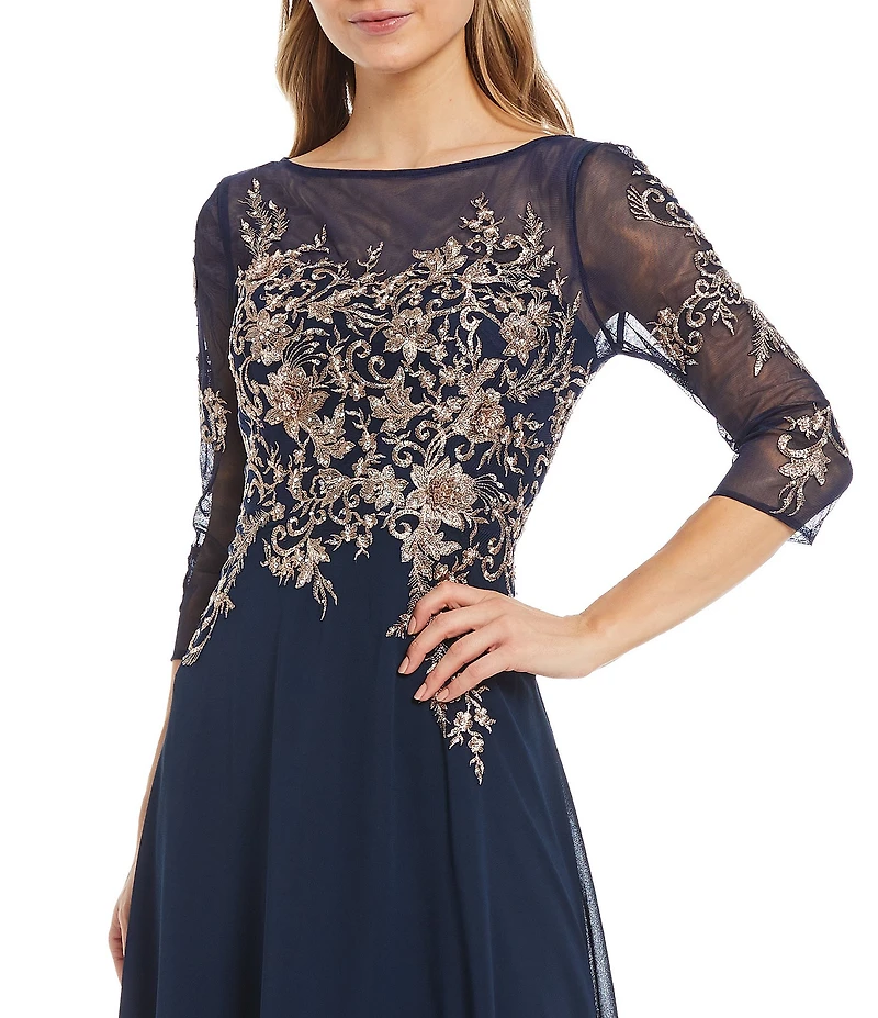 Betsy & Adam Embroidered Bodice Boat Neck 3/4 Sleeve Chiffon Gown