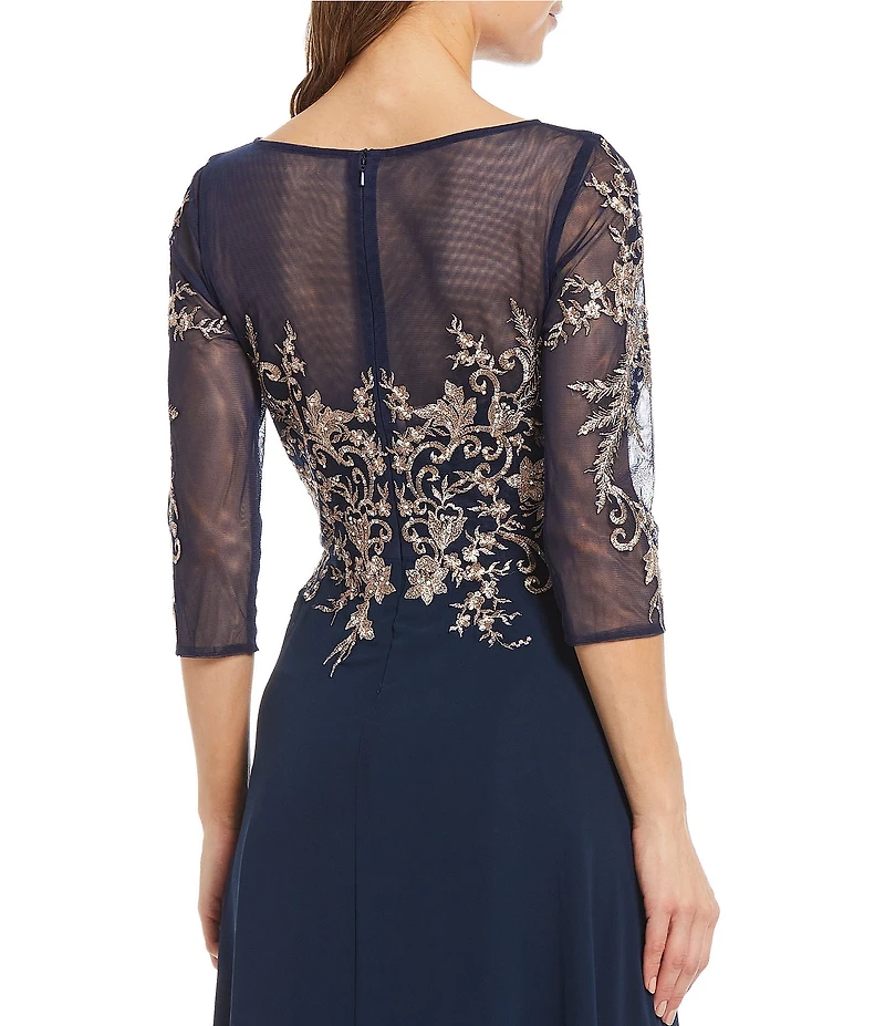 Betsy & Adam Embroidered Bodice Boat Neck 3/4 Sleeve Chiffon Gown