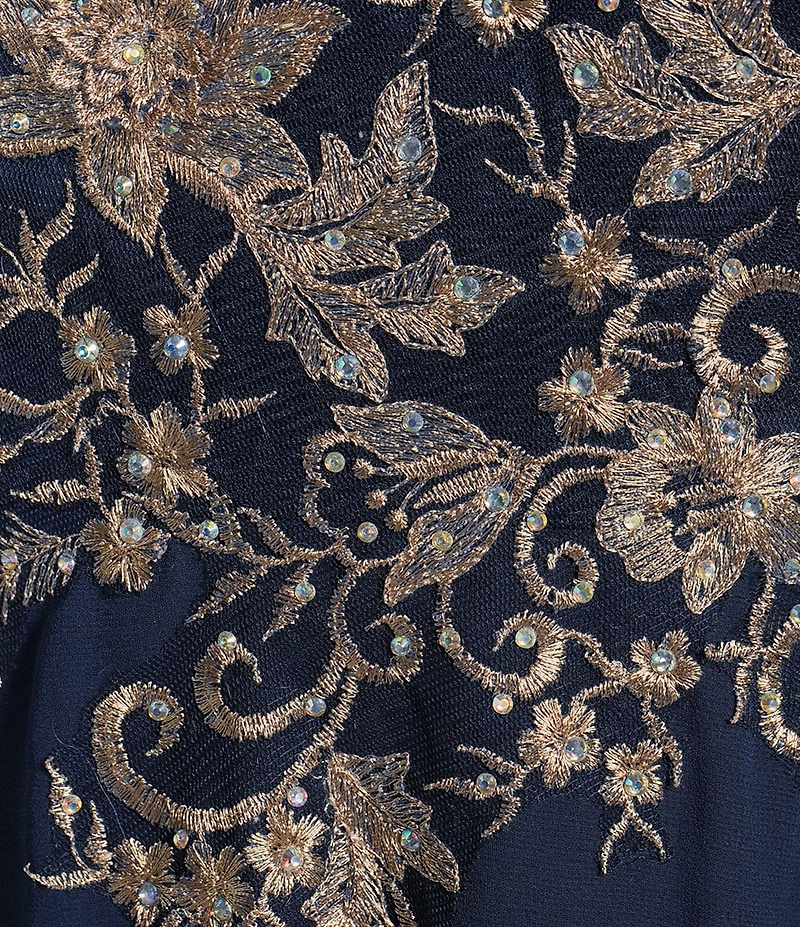 Betsy & Adam Embroidered Bodice Boat Neck 3/4 Sleeve Chiffon Gown