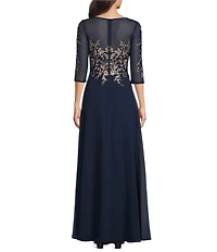 Betsy & Adam Embroidered Bodice Boat Neck 3/4 Sleeve Chiffon Gown