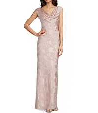 Betsy & Adam Floral Print Cowl Neck Satin Sleeveless Maxi Dress