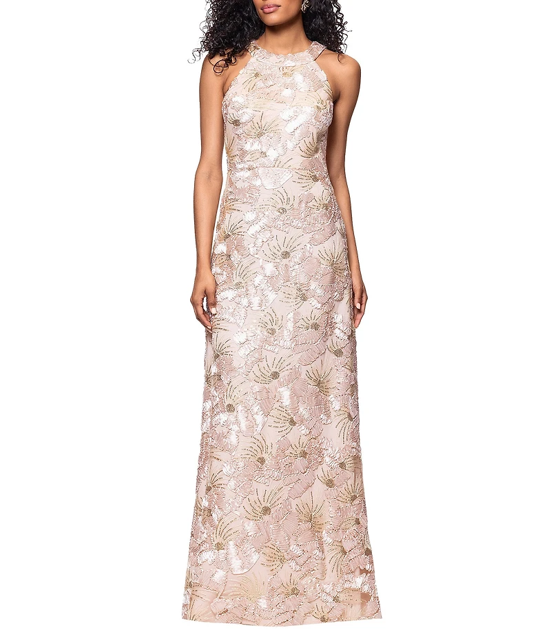 Betsy & Adam Floral Sequin Soutache Halter Sleeveless A-Line Gown
