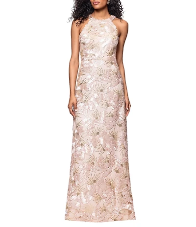Betsy & Adam Floral Sequin Soutache Halter Sleeveless A-Line Gown