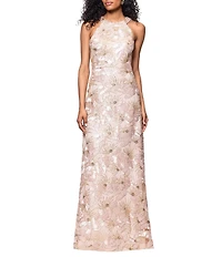 Betsy & Adam Floral Sequin Soutache Halter Sleeveless A-Line Gown