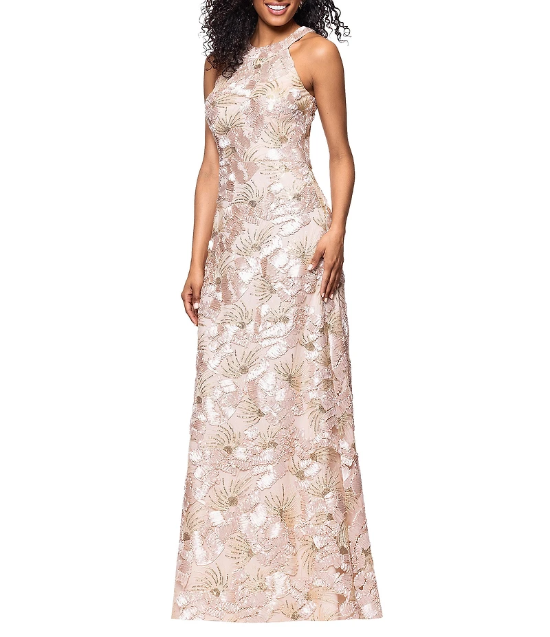 Betsy & Adam Floral Sequin Soutache Halter Sleeveless A-Line Gown