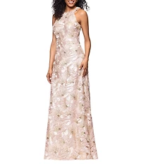 Betsy & Adam Floral Sequin Soutache Halter Sleeveless A-Line Gown