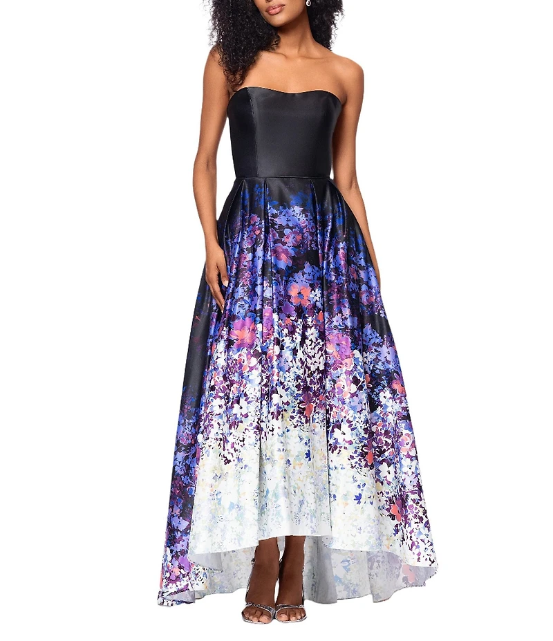 Betsy & Adam Floral Strapless Neck Sleeveless A-Line Gown