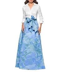 Betsy & Adam Floral Taffeta Jacquard Point Collar 3/4 Sleeve A-Line Maxi Shirt Dress
