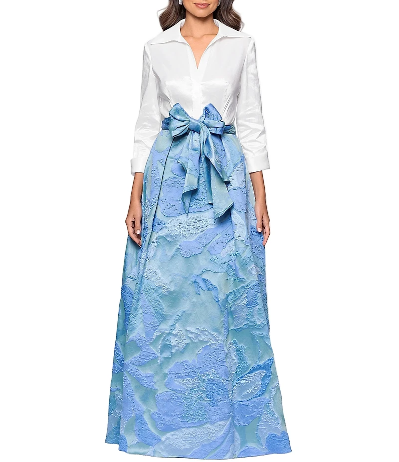 Betsy & Adam Floral Taffeta Jacquard Point Collar 3/4 Sleeve A-Line Maxi Shirt Dress