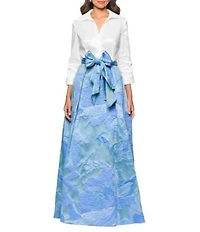 Betsy & Adam Floral Taffeta Jacquard Point Collar 3/4 Sleeve A-Line Maxi Shirt Dress