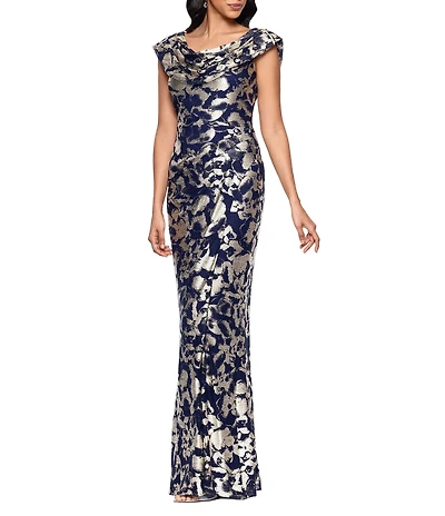 Betsy & Adam Foiled Cowl Neck Long Dress