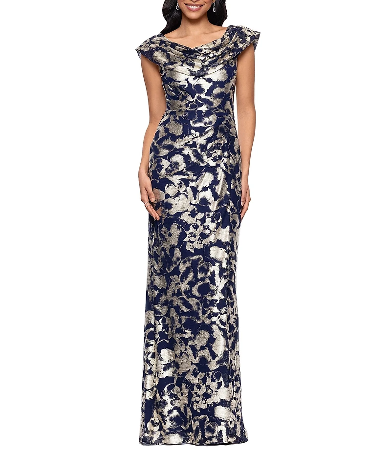 Betsy & Adam Foiled Cowl Neck Long Dress