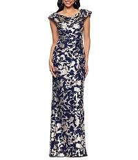 Betsy & Adam Foiled Cowl Neck Long Dress