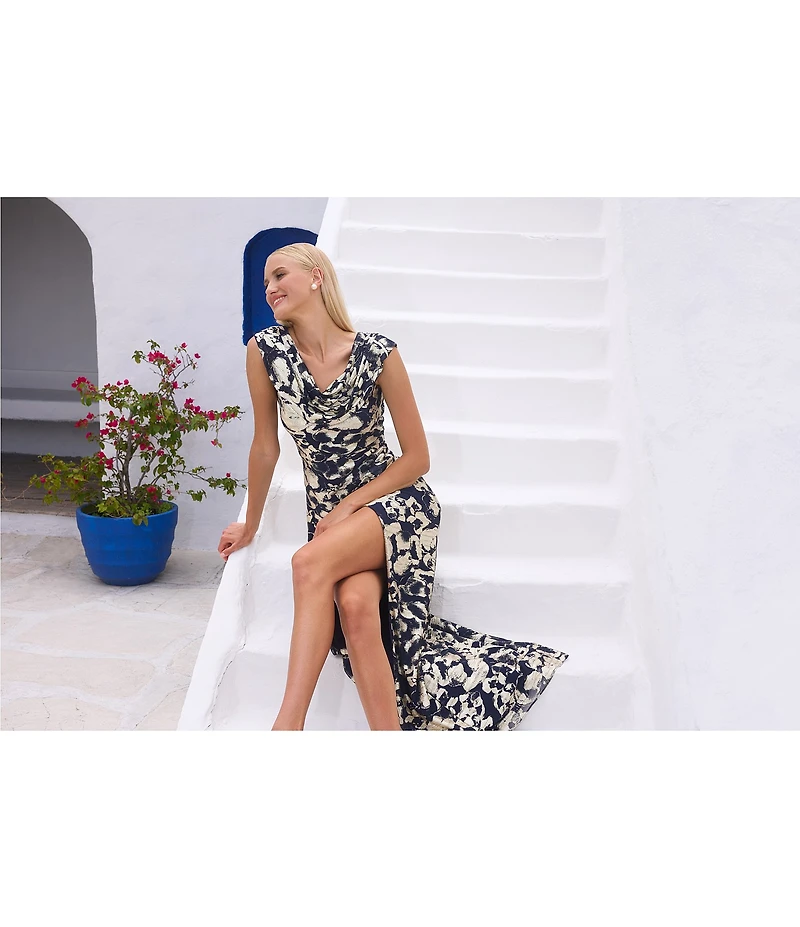 Betsy & Adam Foiled Cowl Neck Long Dress