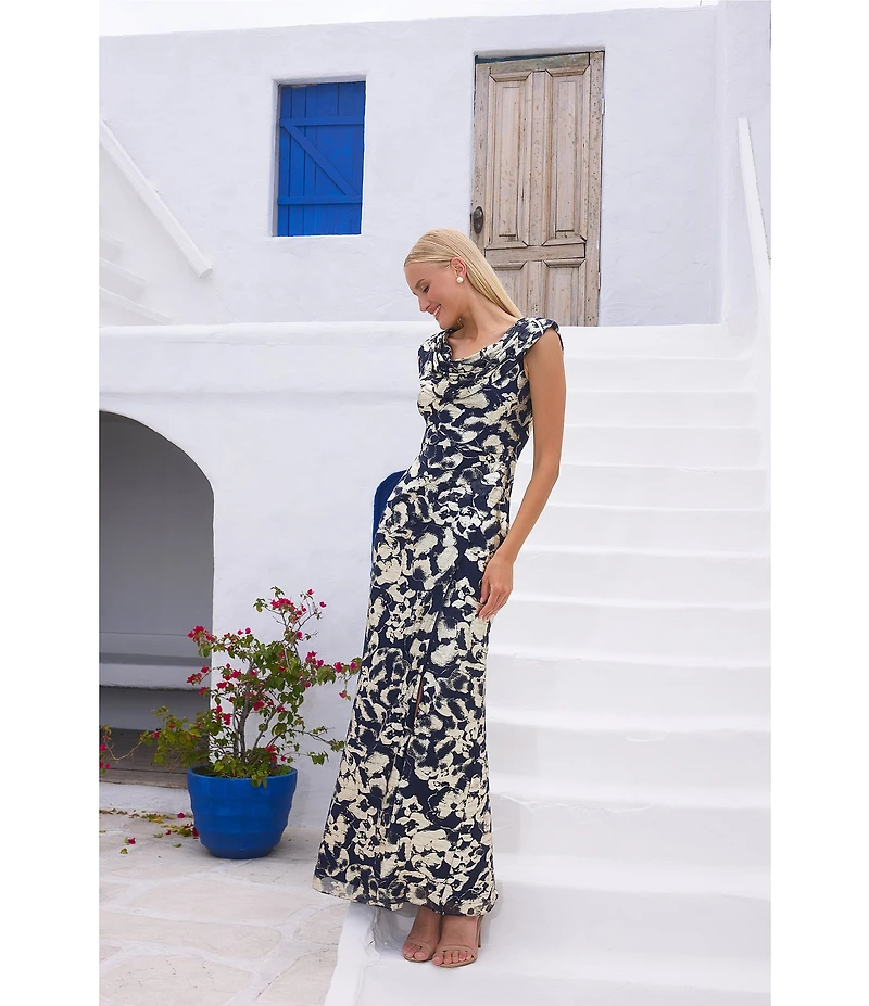 Betsy & Adam Foiled Cowl Neck Long Dress