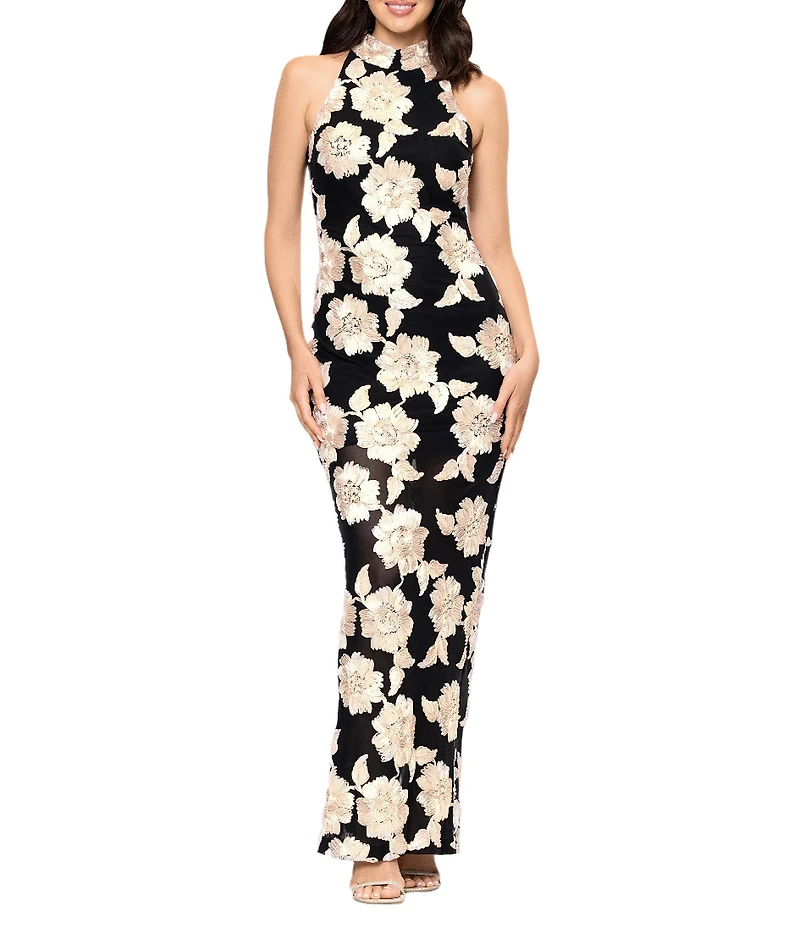 Betsy & Adam Halter 3D Embroidered Sheath Gown