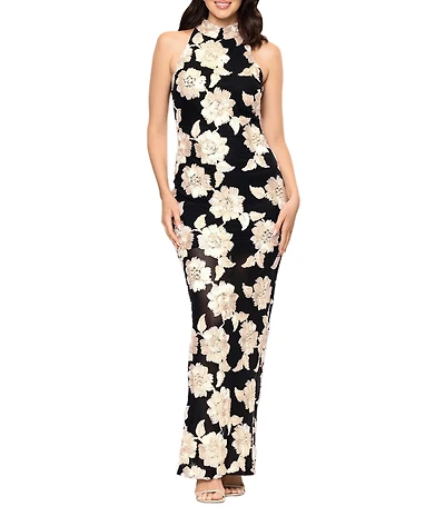 Betsy & Adam Halter 3D Embroidered Sheath Gown