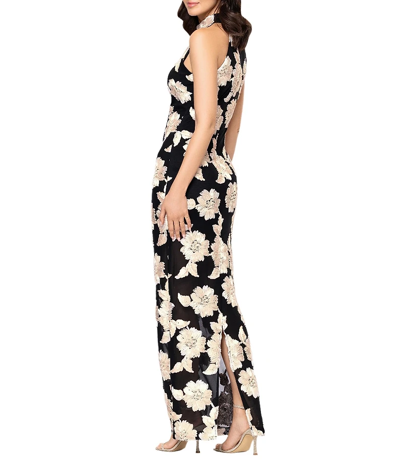 Betsy & Adam Halter 3D Embroidered Sheath Gown