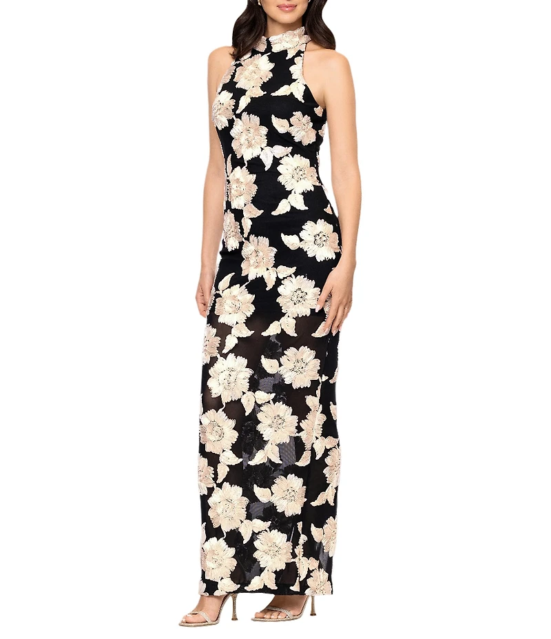 Betsy & Adam Halter 3D Embroidered Sheath Gown