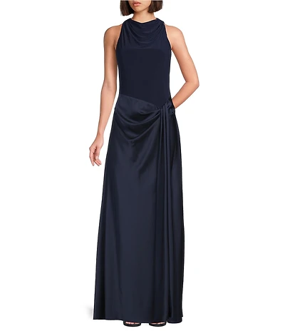 Betsy & Adam Halter Cowl Neck Ruched Satin Faux Wrap Gown