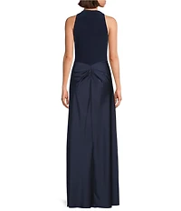 Betsy & Adam Halter Cowl Neck Ruched Satin Faux Wrap Gown