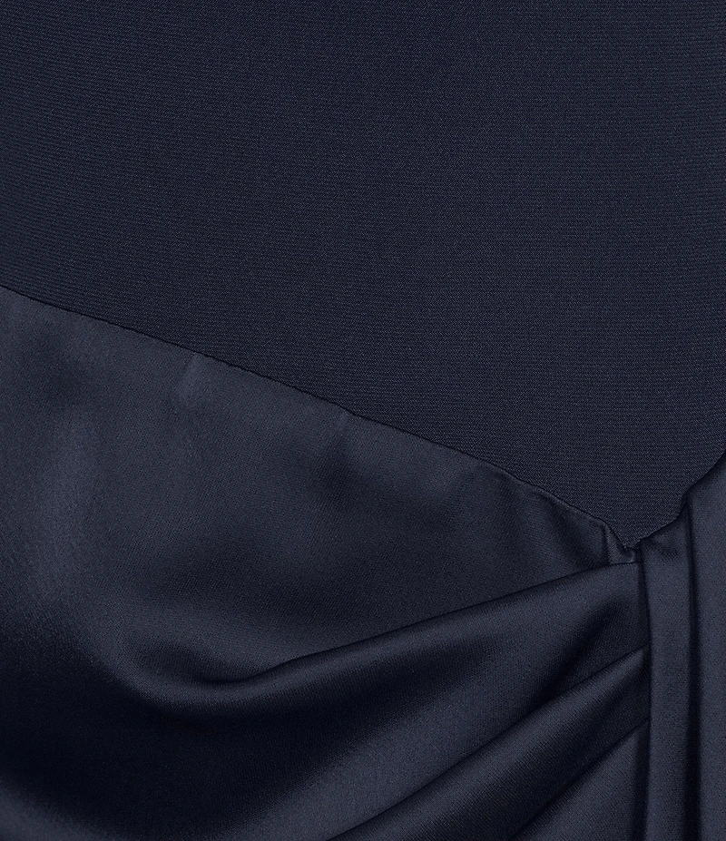 Betsy & Adam Halter Cowl Neck Ruched Satin Faux Wrap Gown