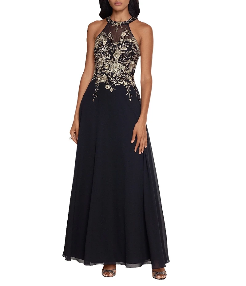 Betsy & Adam Halter Neck Floral Embroidered Sleeveless Chiffon Gown