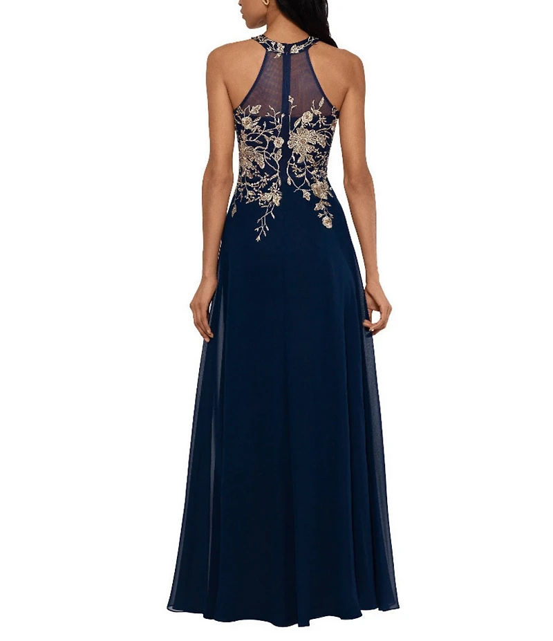 Betsy & Adam Halter Neck Floral Embroidered Sleeveless Chiffon Gown