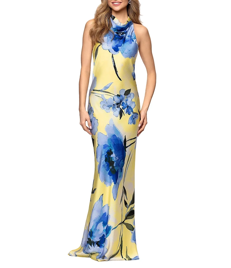 Betsy & Adam Halter Neck Floral Satin Tie Dress