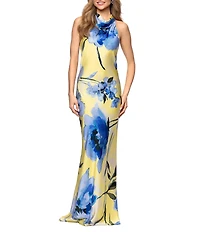 Betsy & Adam Halter Neck Floral Satin Tie Dress