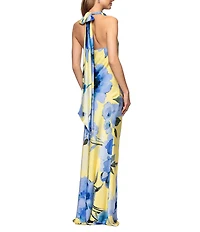 Betsy & Adam Halter Neck Floral Satin Tie Dress