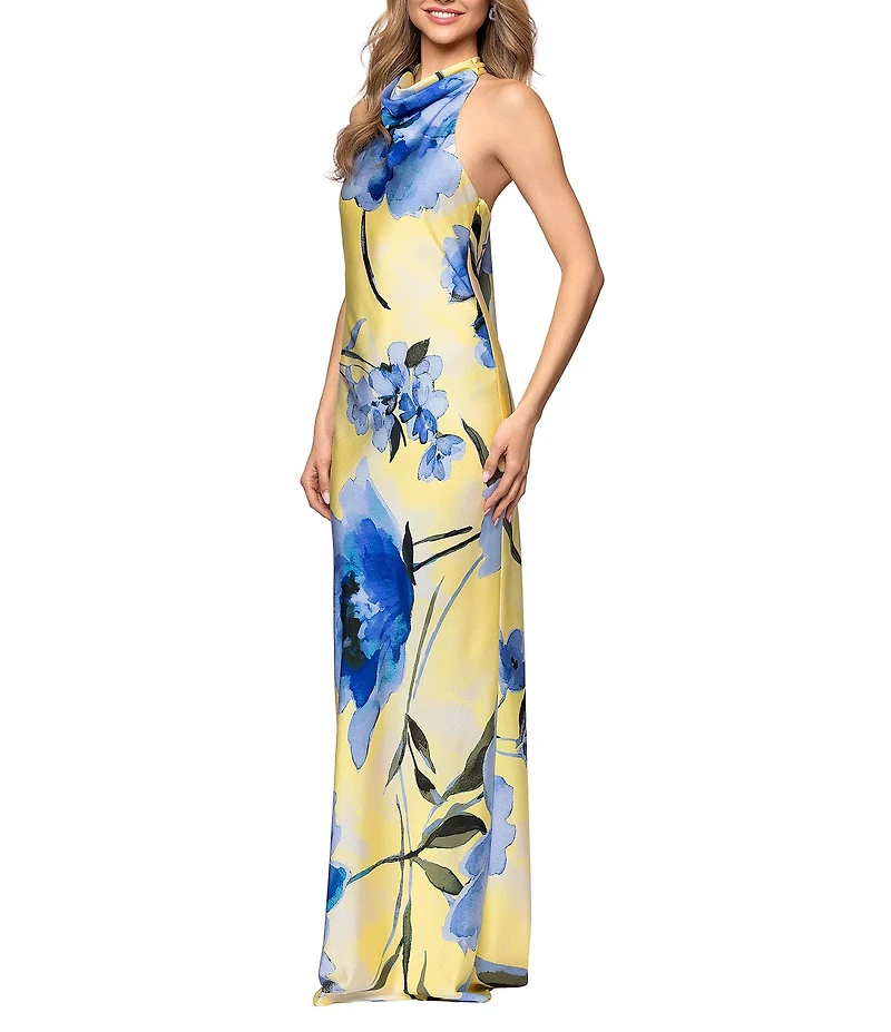 Betsy & Adam Halter Neck Floral Satin Tie Dress