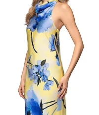 Betsy & Adam Halter Neck Floral Satin Tie Dress