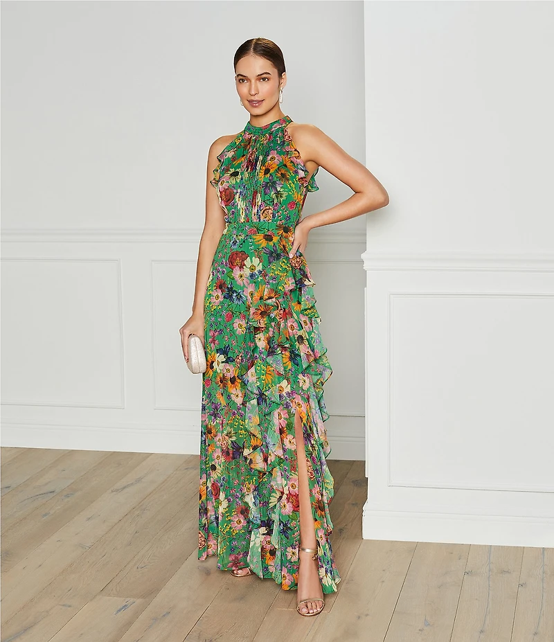 Betsy & Adam Halter Neck Sleeveless Ruffle Front Floral Chiffon Maxi Dress