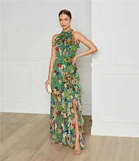 Betsy & Adam Halter Neck Sleeveless Ruffle Front Floral Chiffon Maxi Dress