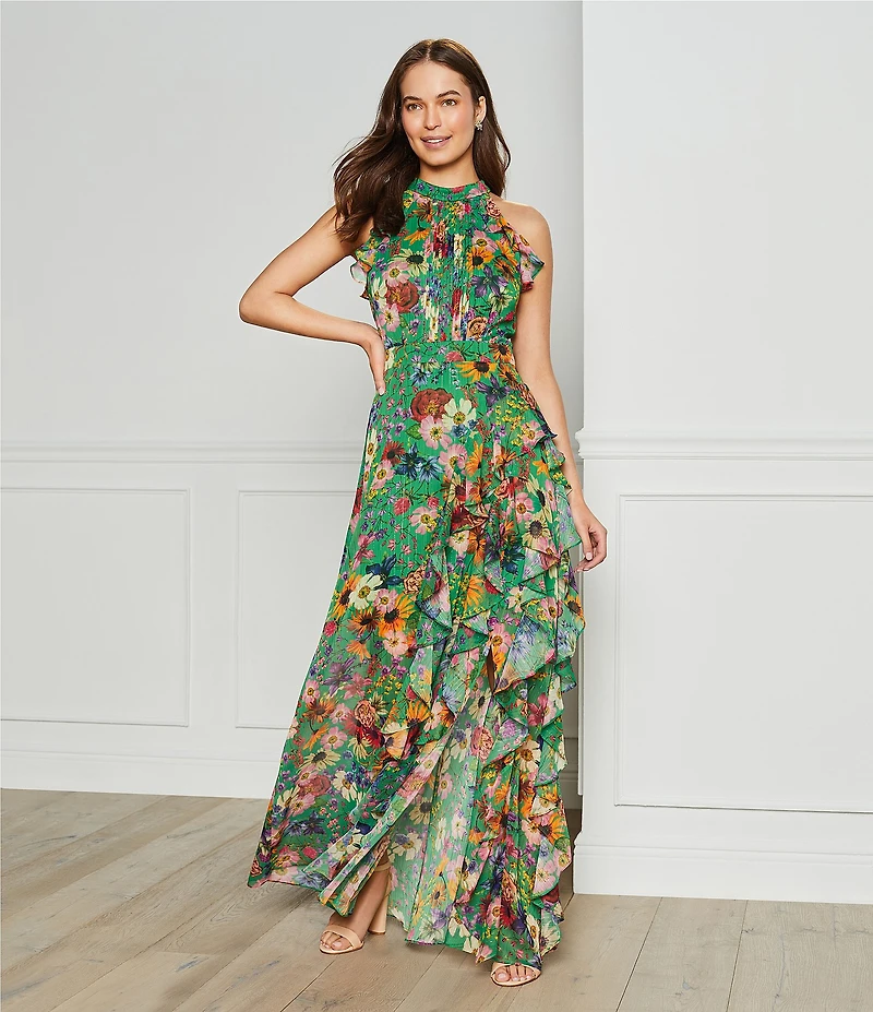 Betsy & Adam Halter Neck Sleeveless Ruffle Front Floral Chiffon Maxi Dress