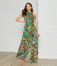 Betsy & Adam Halter Neck Sleeveless Ruffle Front Floral Chiffon Maxi Dress