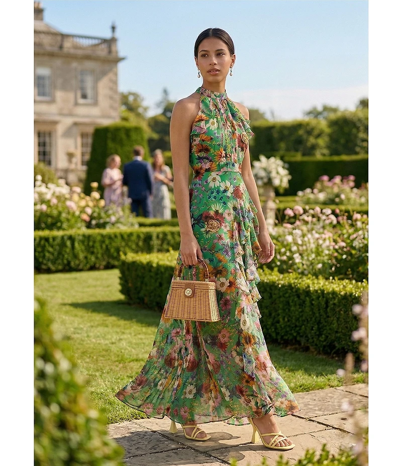 Betsy & Adam Halter Neck Sleeveless Ruffle Front Floral Chiffon Maxi Dress