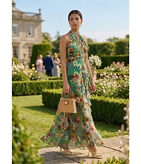 Betsy & Adam Halter Neck Sleeveless Ruffle Front Floral Chiffon Maxi Dress